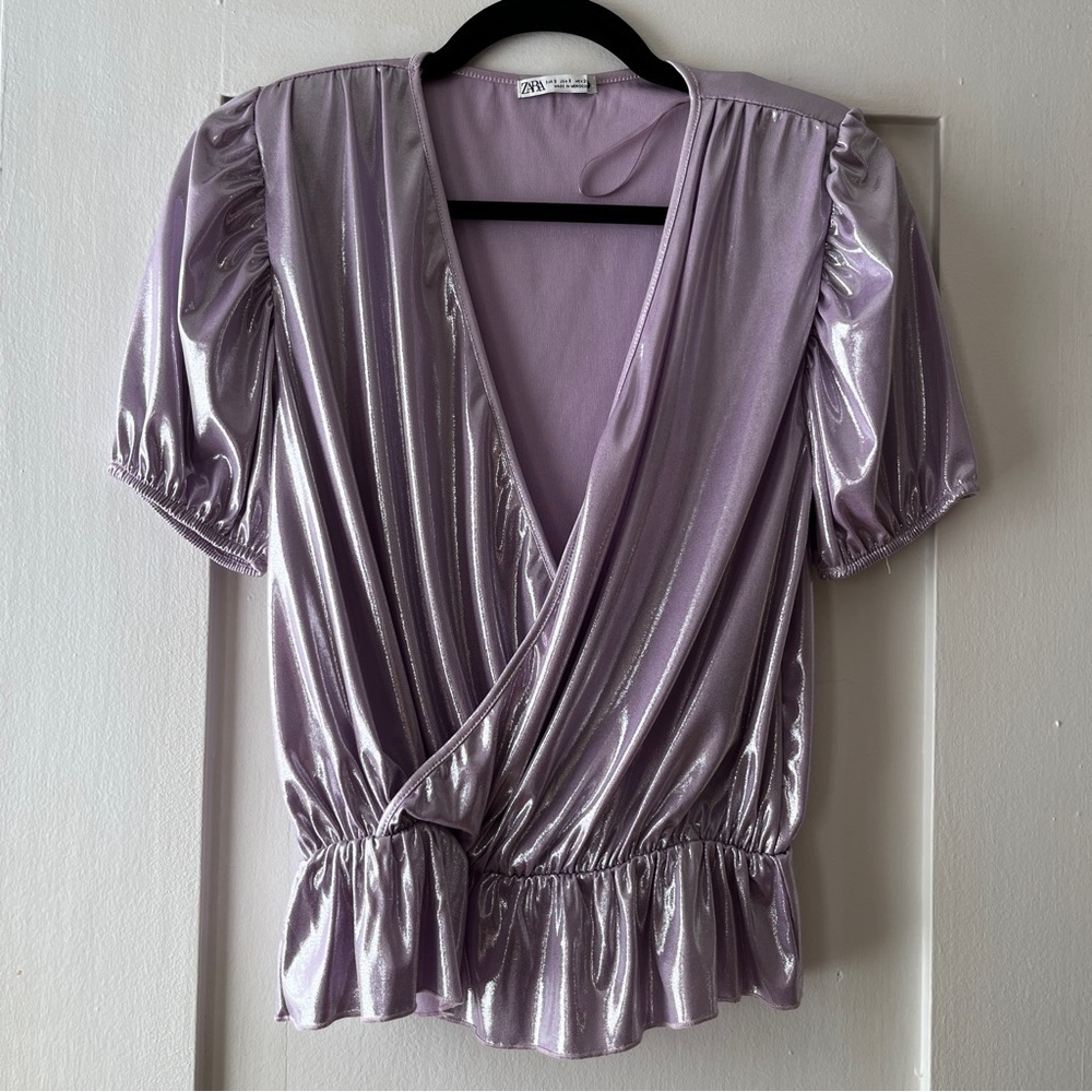 Zara Shimmer Faux Wrap Top with Puff Sleeve and Peplum